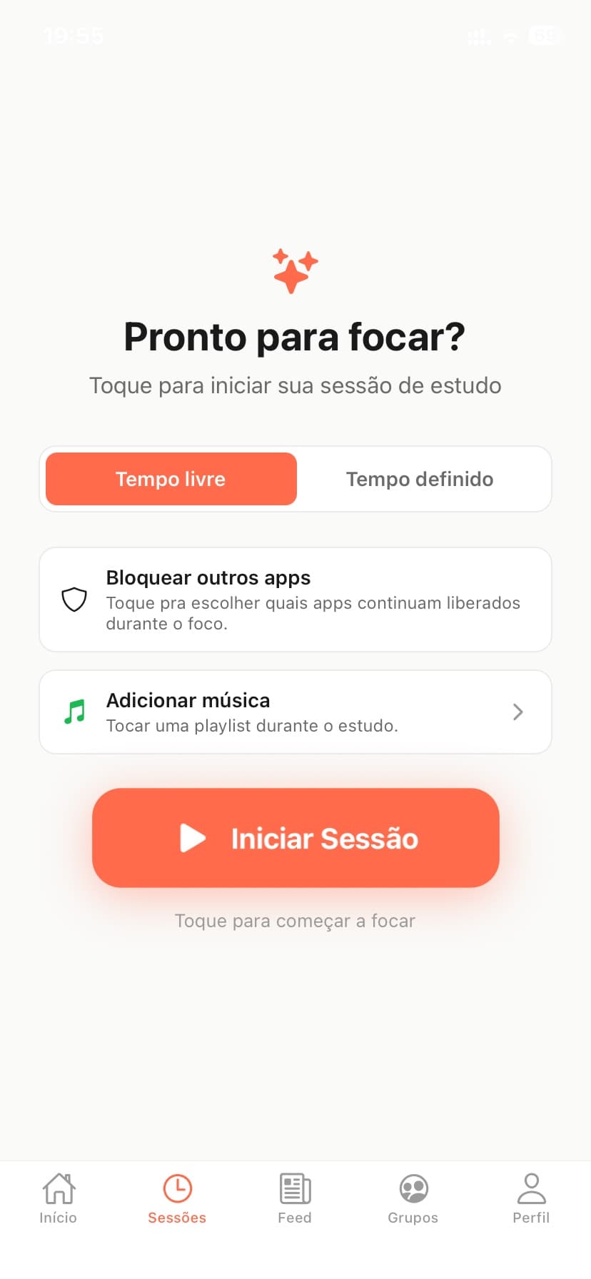 Tela de sessão de estudo do Studaily